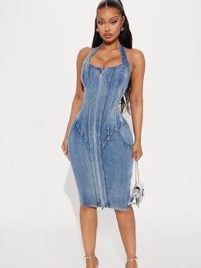 Fashion Nova Blue Denim Halter Midi Dress